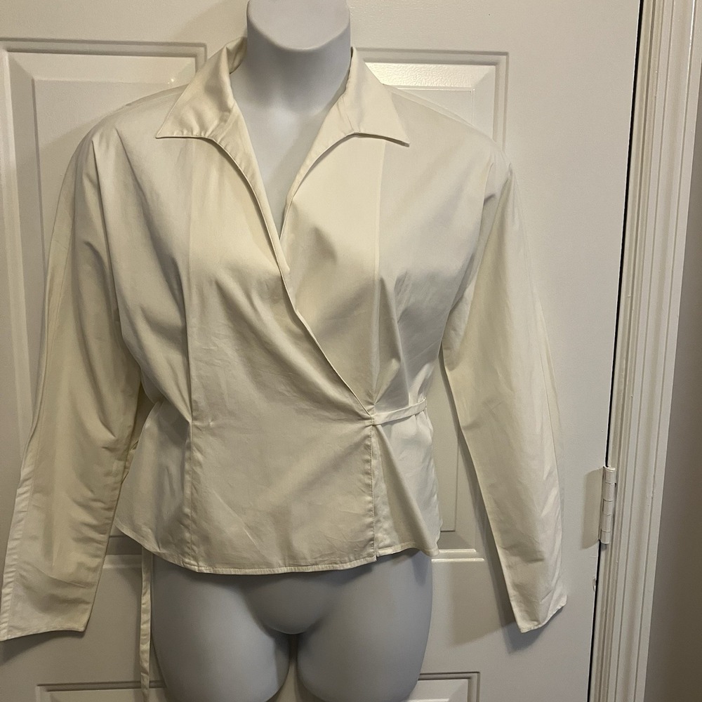 Lafayette‎ 148 Size 8 Ivory Wrap Cotton Blouse Shirt Top Women's